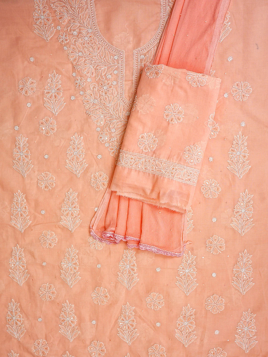 Ada Hand Embroidered Peach Cotton Lucknowi Chikankari Unstitched Suit Piece With Cutdana Work 01A790900