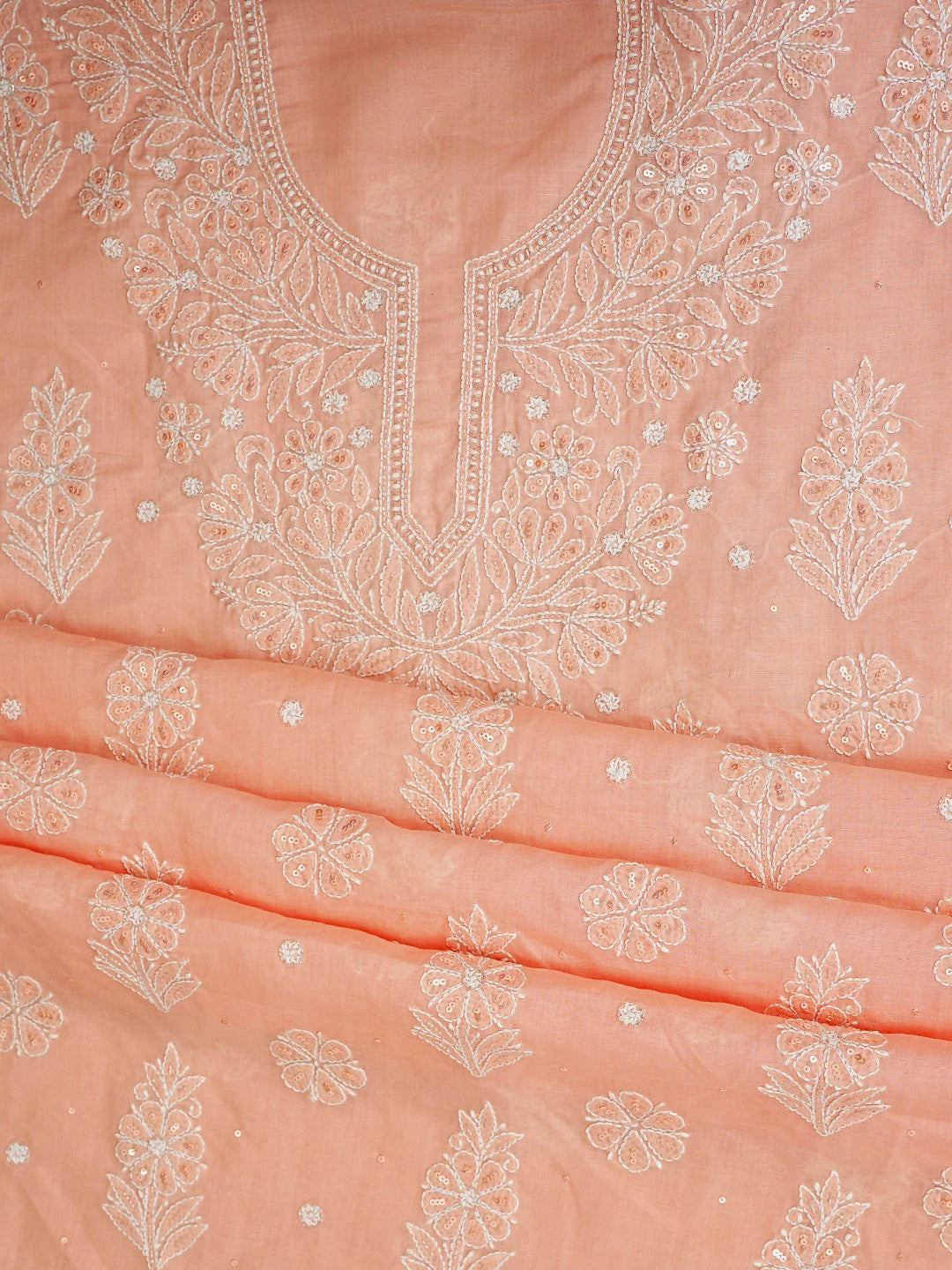 Ada Hand Embroidered Peach Cotton Lucknowi Chikankari Unstitched Suit Piece With Cutdana Work 01A790900