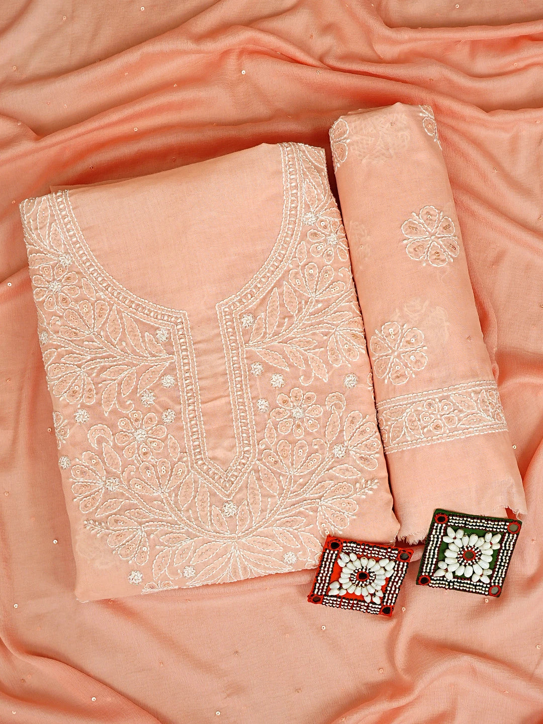 Ada Hand Embroidered Peach Cotton Lucknowi Chikankari Unstitched Suit Piece With Cutdana Work 01A790900