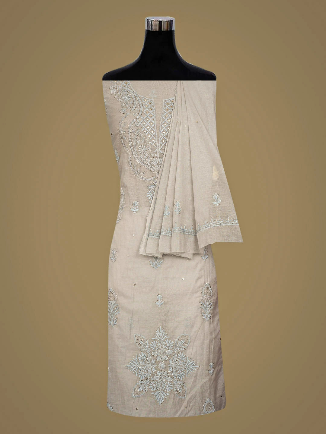 Ada Hand Embroidered Grey Chanderi Lucknowi Chikankari Unstitched Kurta Dupatta Set With Mukaish Work 01A911482