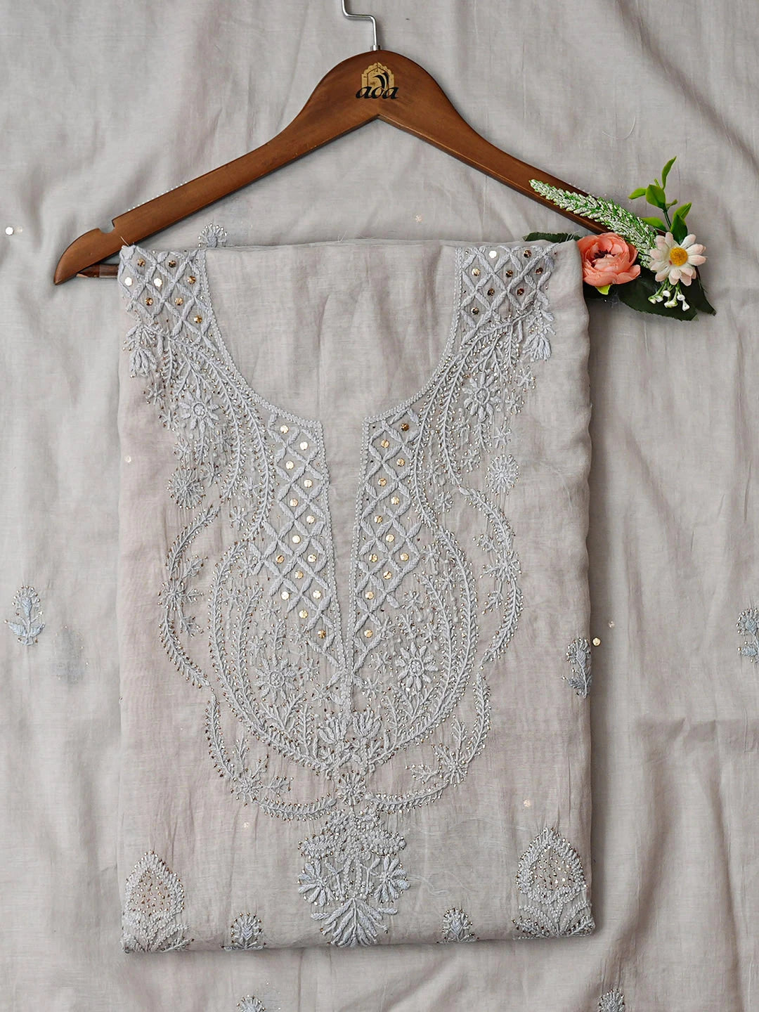 Ada Hand Embroidered Grey Chanderi Lucknowi Chikankari Unstitched Kurta Dupatta Set With Mukaish Work 01A911482