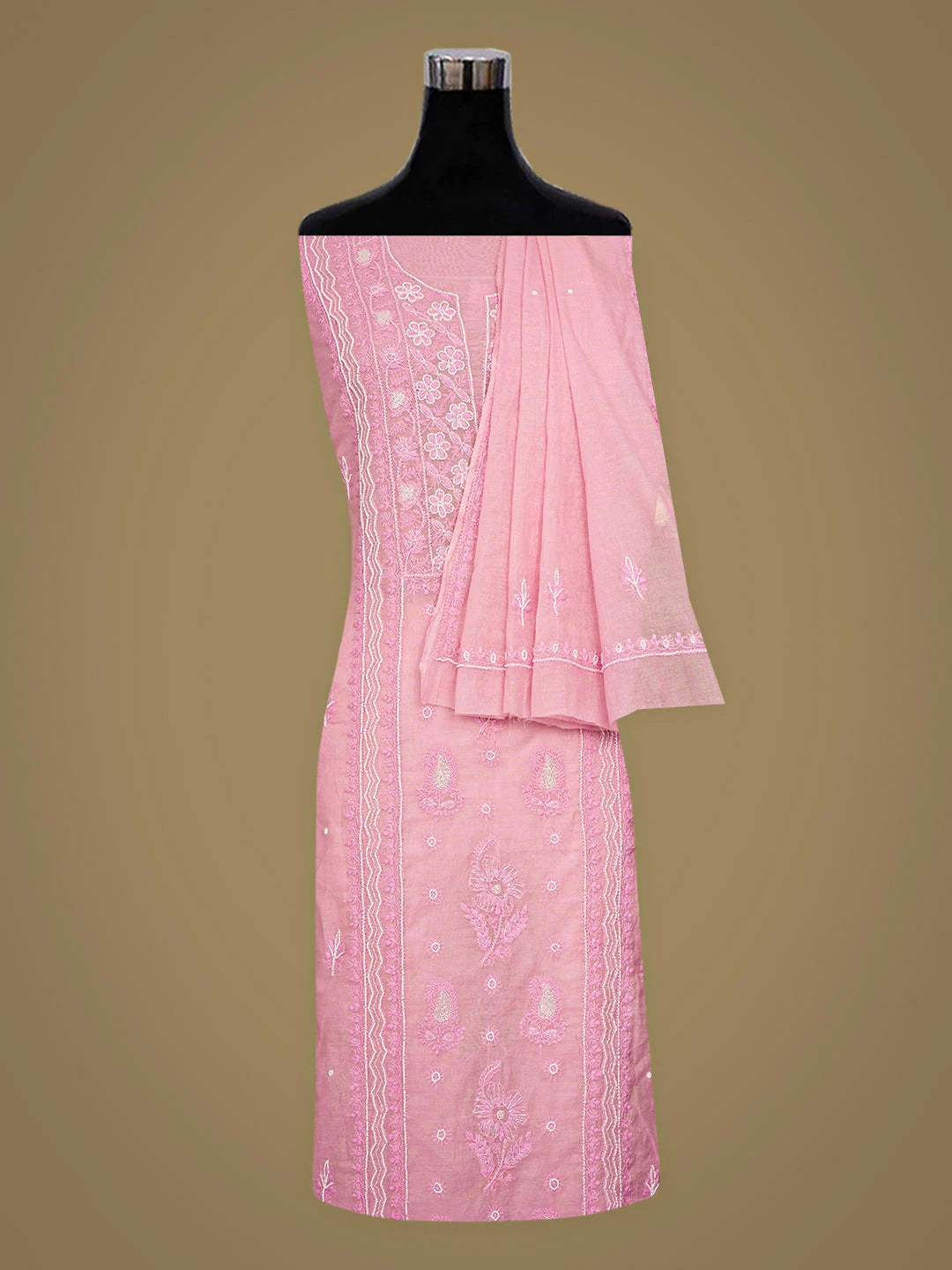 Ada Hand Embroidered Pink Chanderi Lucknowi Chikankari Unstitched Kurta Dupatta Set With Cutdana Work 01A911501
