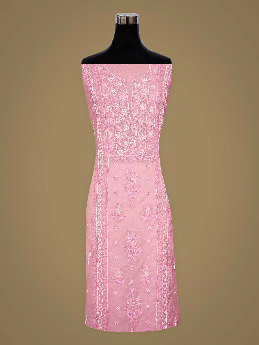 Ada Hand Embroidered Pink Chanderi Lucknowi Chikankari Unstitched Kurta Dupatta Set With Cutdana Work 01A911501