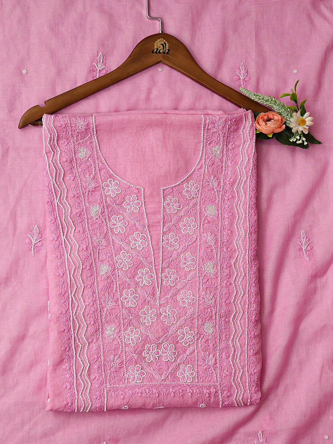 Ada Hand Embroidered Pink Chanderi Lucknowi Chikankari Unstitched Kurta Dupatta Set With Cutdana Work 01A911501