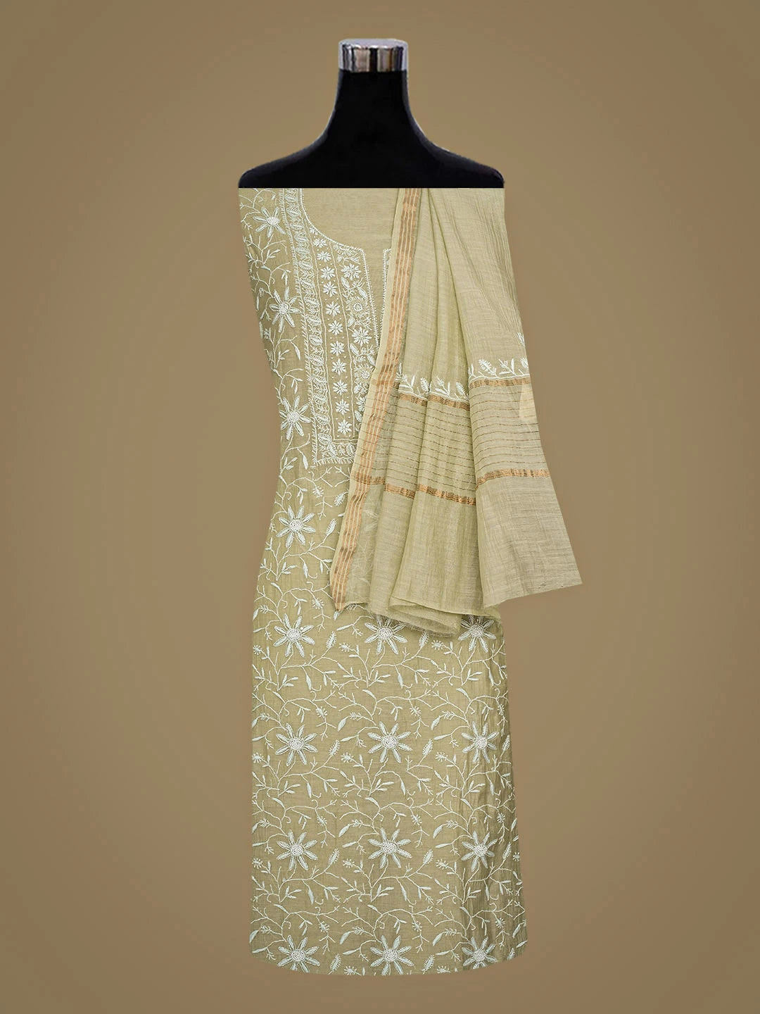 Ada Hand Embroidered Pista Green Chanderi Lucknowi Chikankari Unstitched Kurta Dupatta Set With Cutdana Work 01A922099