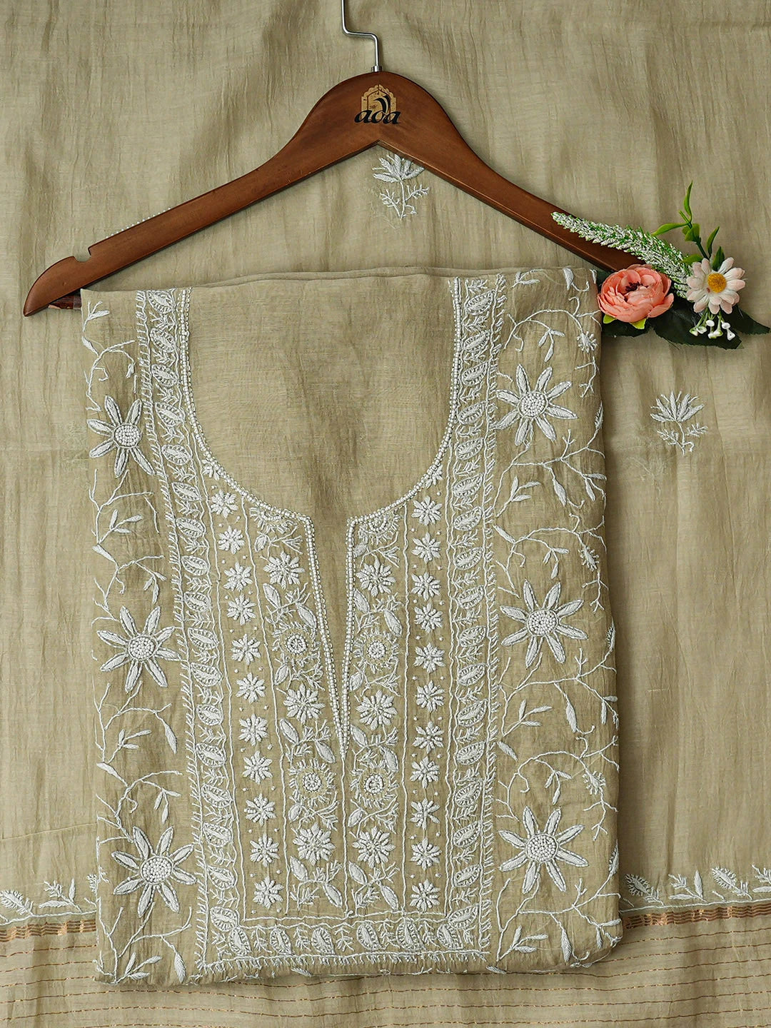 Ada Hand Embroidered Pista Green Chanderi Lucknowi Chikankari Unstitched Kurta Dupatta Set With Cutdana Work 01A922099