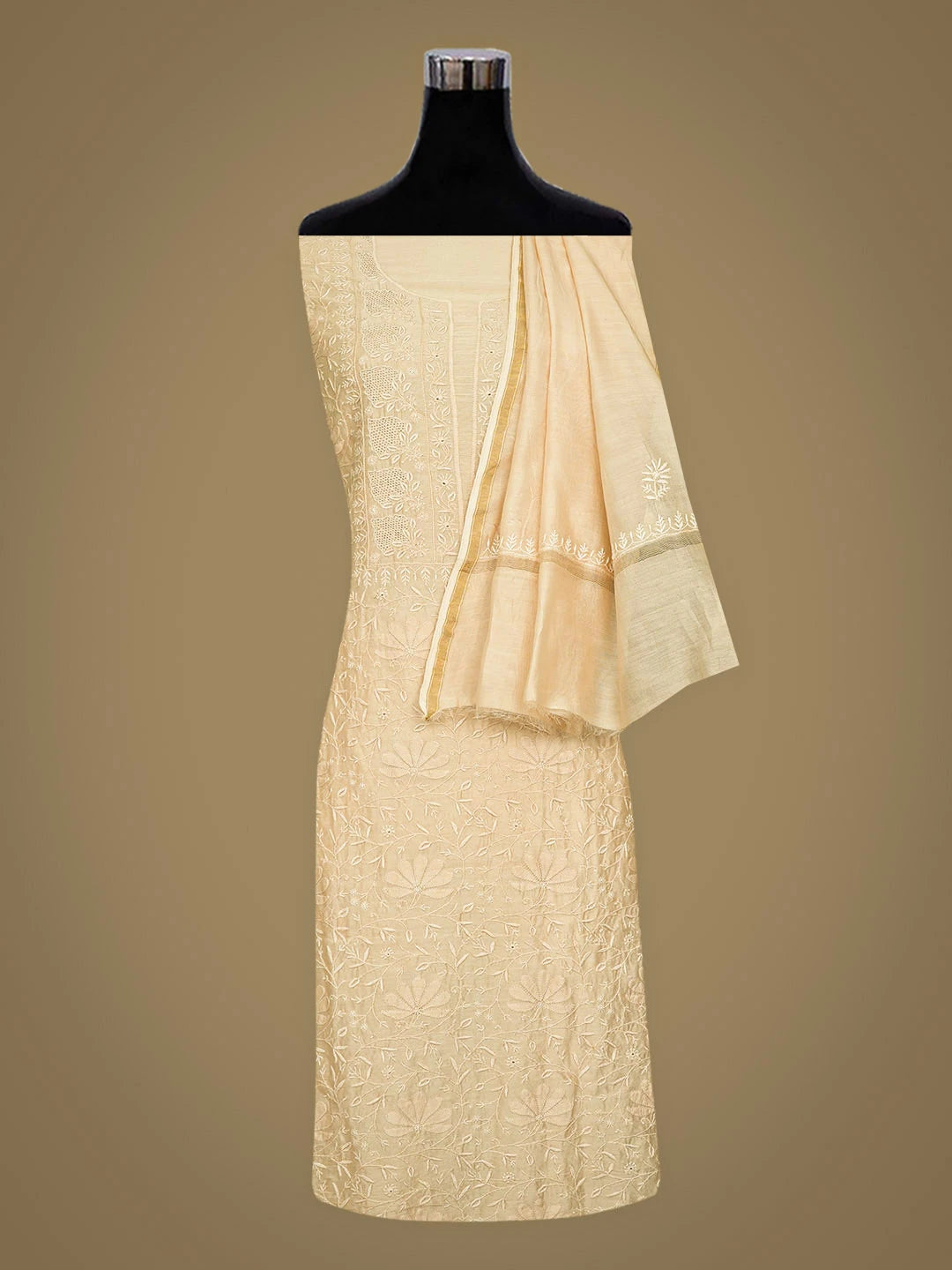Ada Hand Embroidered Fawn Chanderi Lucknowi Chikankari Unstitched Kurta Dupatta Set 01A923341