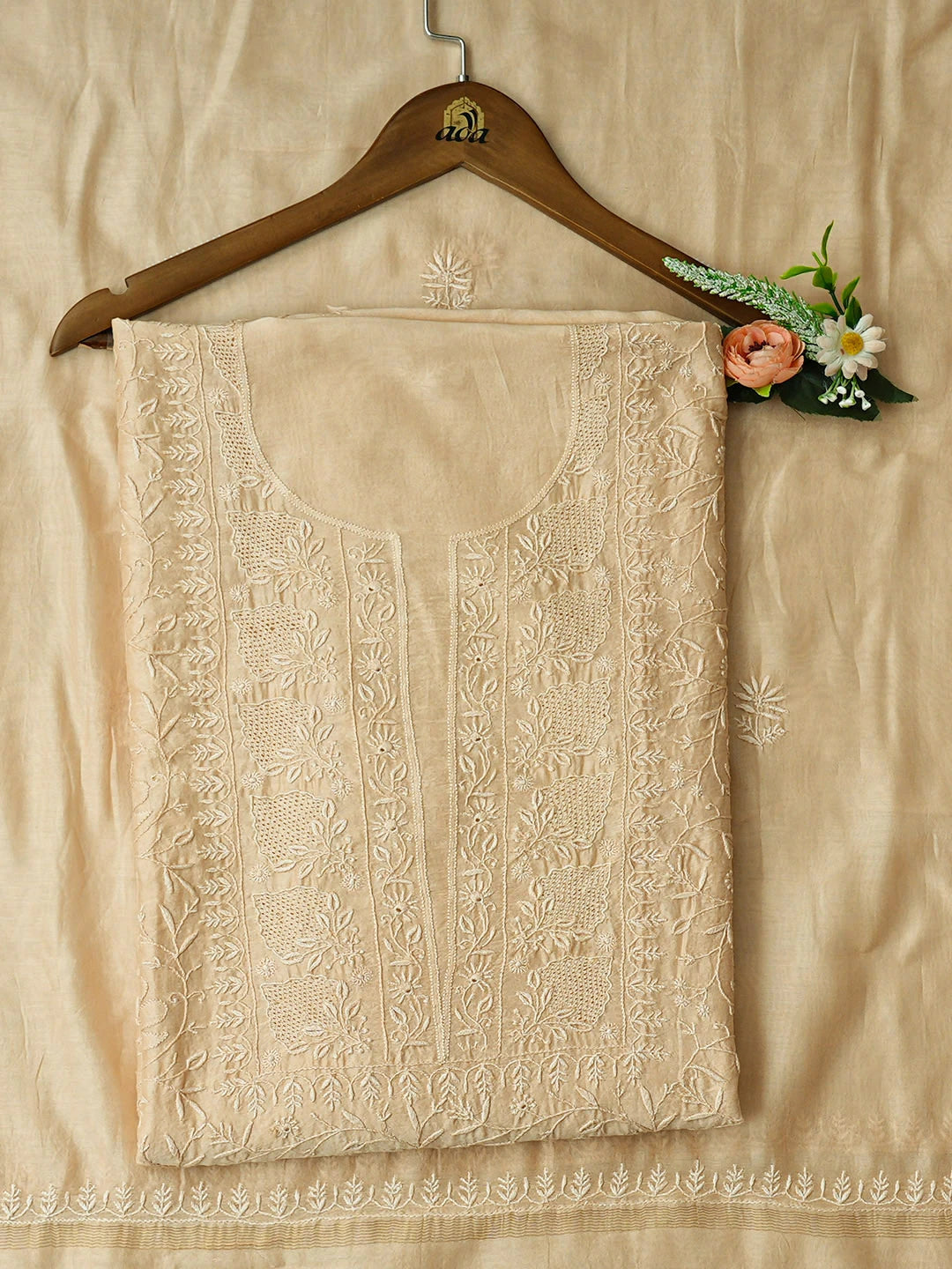 Ada Hand Embroidered Fawn Chanderi Lucknowi Chikankari Unstitched Kurta Dupatta Set 01A923341