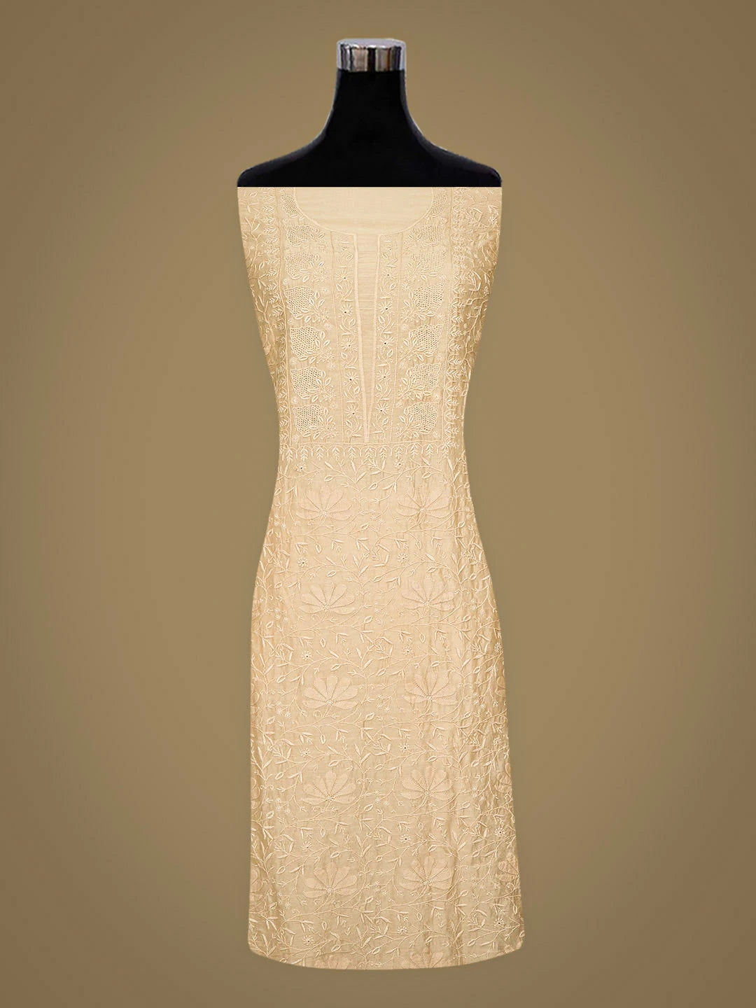 Ada Hand Embroidered Fawn Chanderi Lucknowi Chikankari Unstitched Kurta Dupatta Set 01A923341