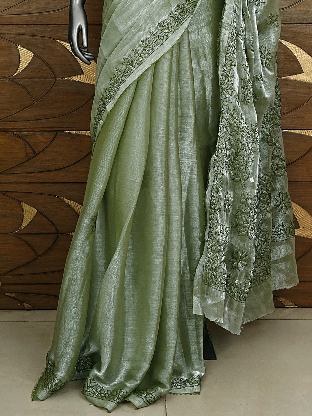 Ada Hand Embroidered Mehandi Green Tissue Lucknowi Chikankari Saree and Blouse 01A911316