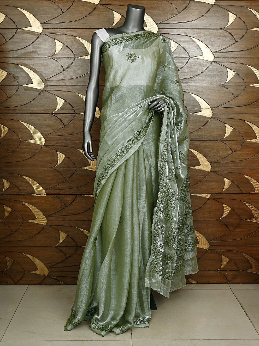 Ada Hand Embroidered Mehandi Green Tissue Lucknowi Chikankari Saree and Blouse 01A911316