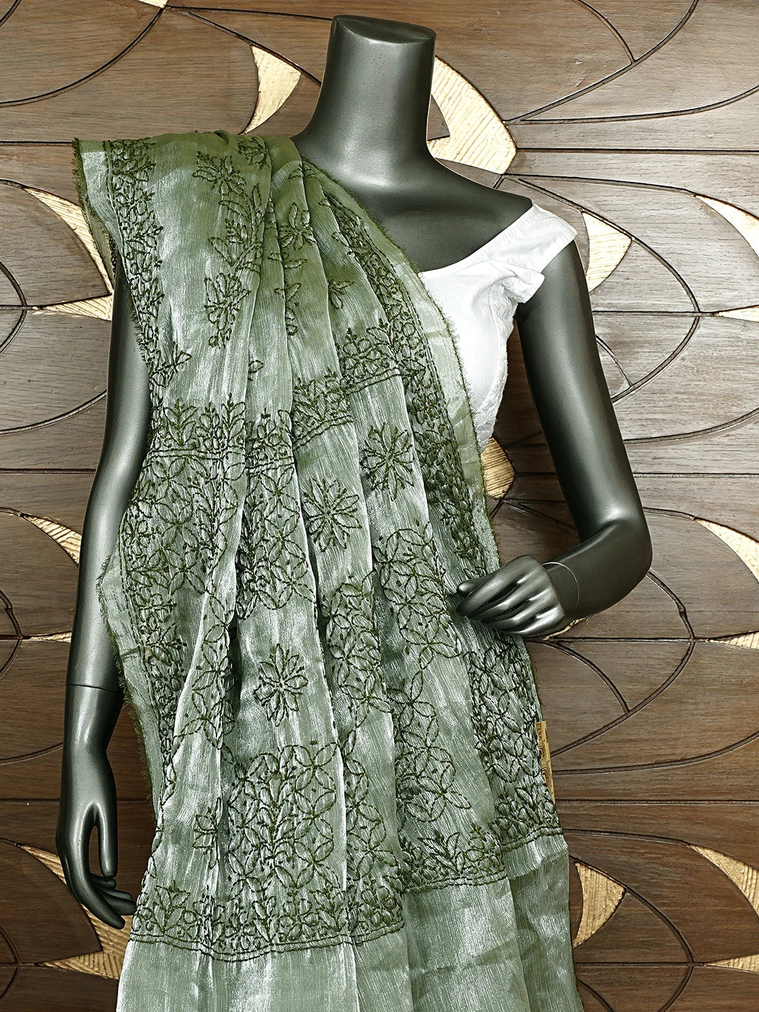 Ada Hand Embroidered Mehandi Green Tissue Lucknowi Chikankari Saree and Blouse 01A911316