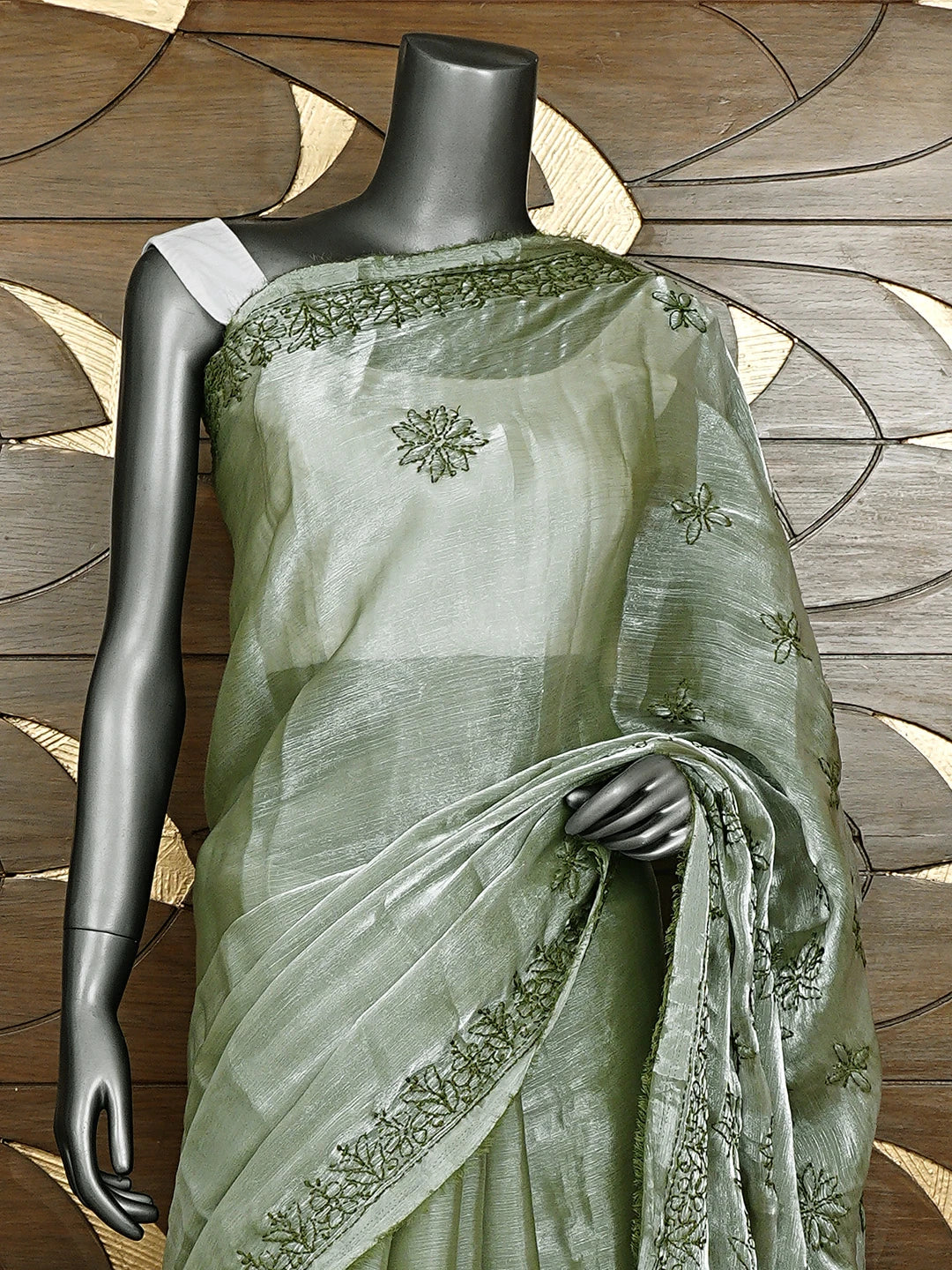 Ada Hand Embroidered Mehandi Green Tissue Lucknowi Chikankari Saree and Blouse 01A911316
