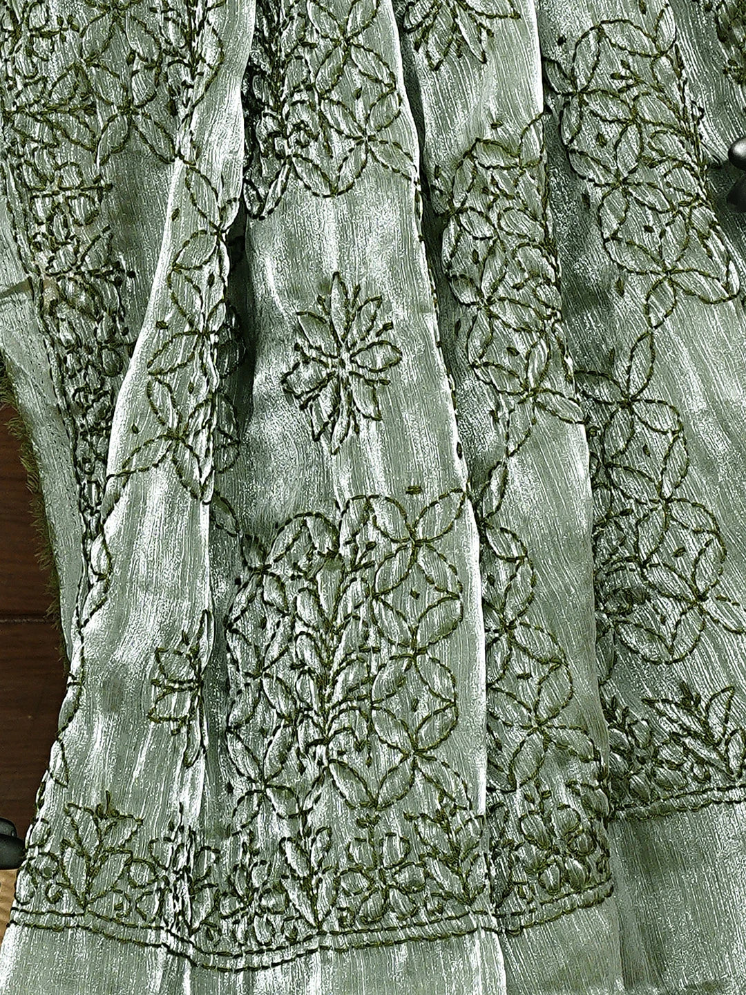 Ada Hand Embroidered Mehandi Green Tissue Lucknowi Chikankari Saree and Blouse 01A911316