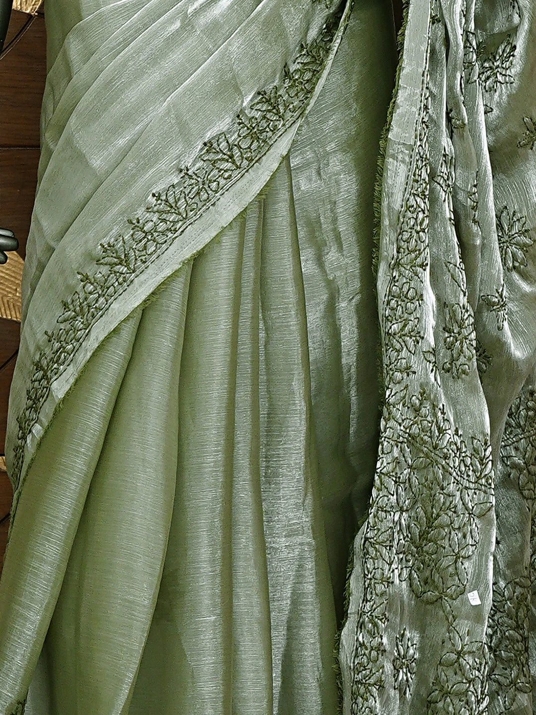 Ada Hand Embroidered Mehandi Green Tissue Lucknowi Chikankari Saree and Blouse 01A911316