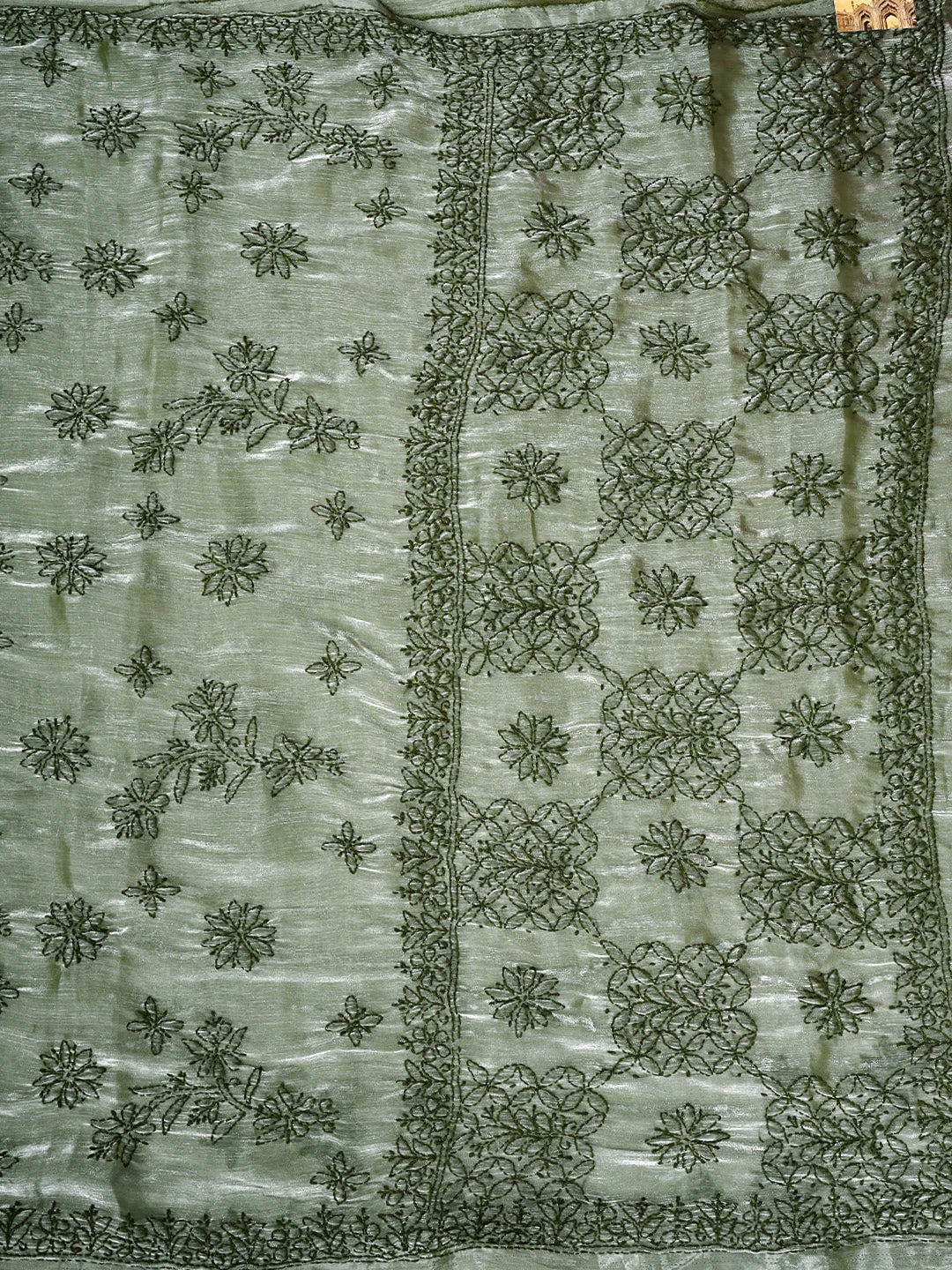 Ada Hand Embroidered Mehandi Green Tissue Lucknowi Chikankari Saree and Blouse 01A911316