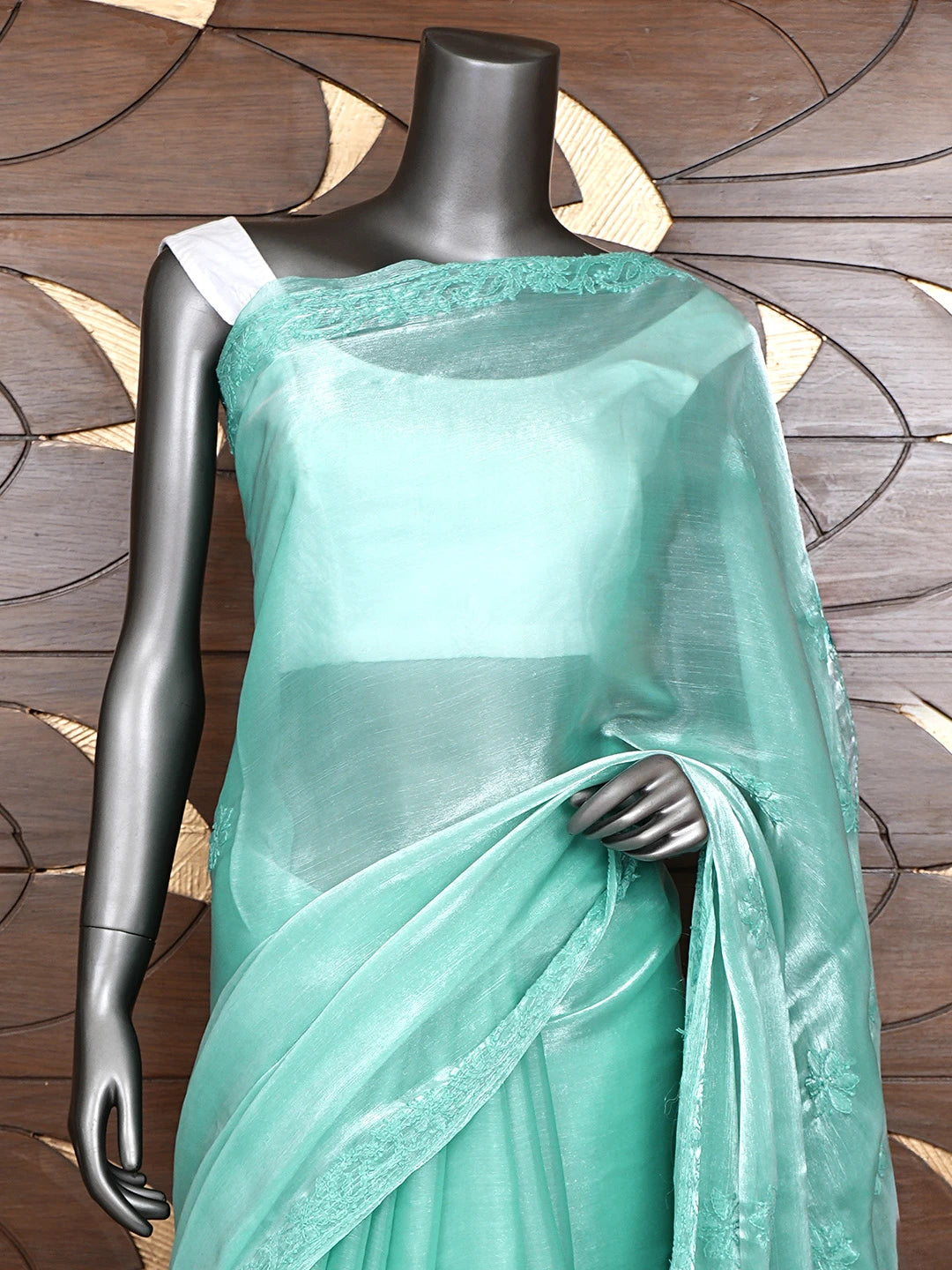 Ada Hand Embroidered Sea Green Tissue Lucknowi Chikankari Saree and Blouse 01A911318