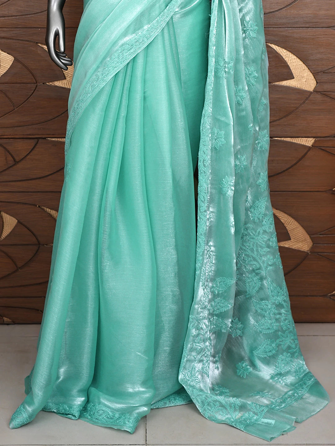 Ada Hand Embroidered Sea Green Tissue Lucknowi Chikankari Saree and Blouse 01A911318