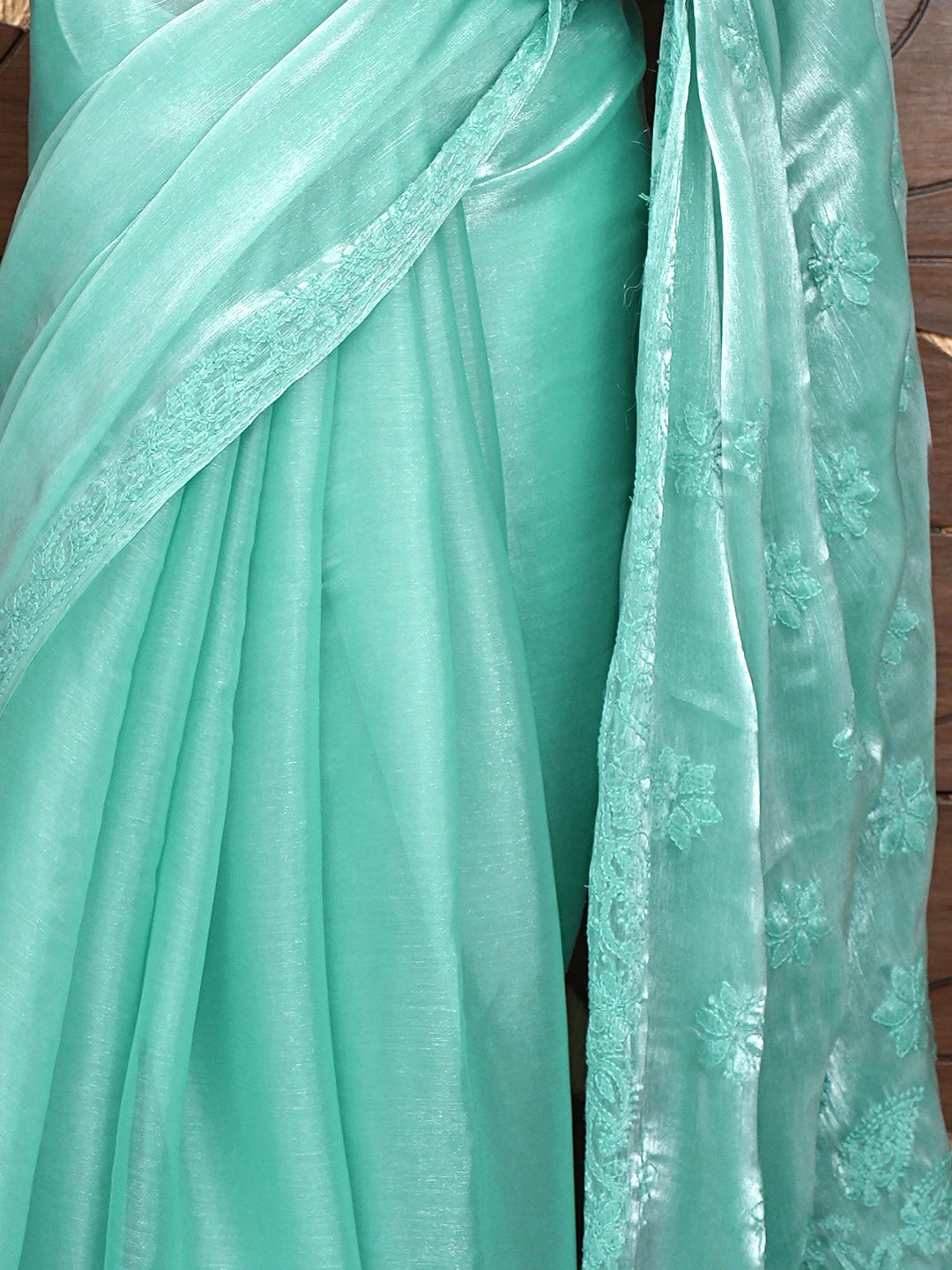 Ada Hand Embroidered Sea Green Tissue Lucknowi Chikankari Saree and Blouse 01A911318