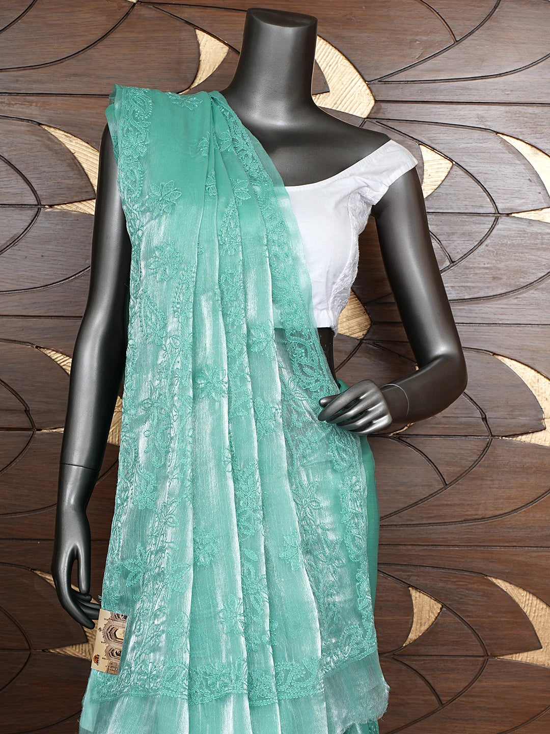 Ada Hand Embroidered Sea Green Tissue Lucknowi Chikankari Saree and Blouse 01A911318
