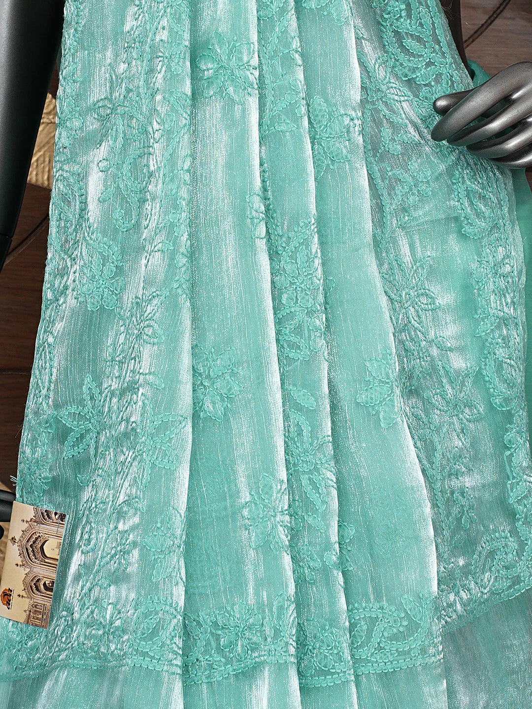 Ada Hand Embroidered Sea Green Tissue Lucknowi Chikankari Saree and Blouse 01A911318