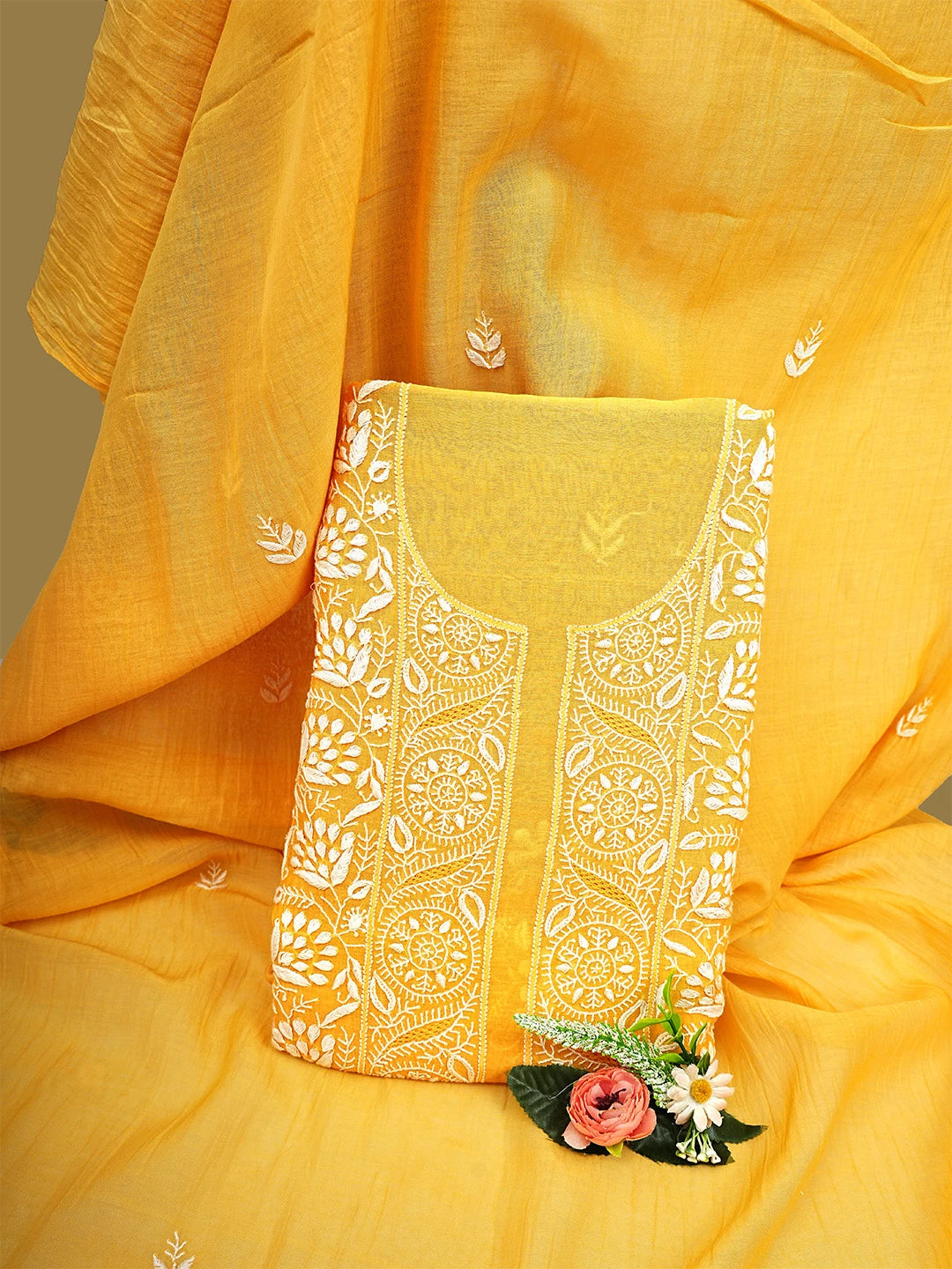Ada Hand Embroidered Mustard Chanderi Lucknowi Chikankari Unstitched Kurta Dupatta Set 01A903851