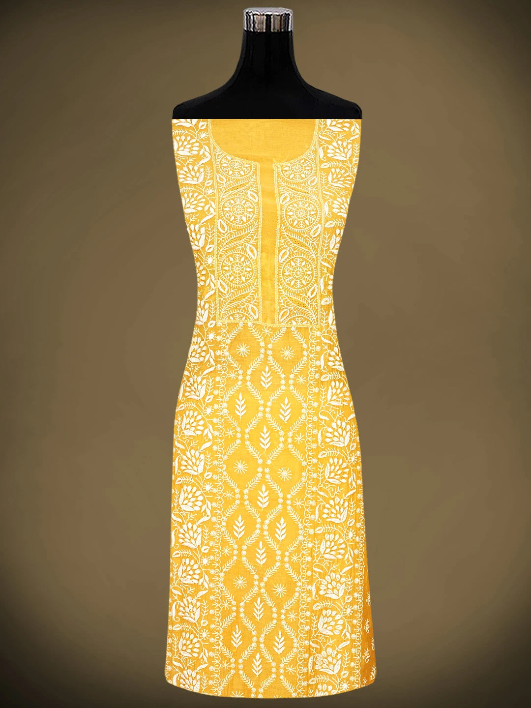 Ada Hand Embroidered Mustard Chanderi Lucknowi Chikankari Unstitched Kurta Dupatta Set 01A903851