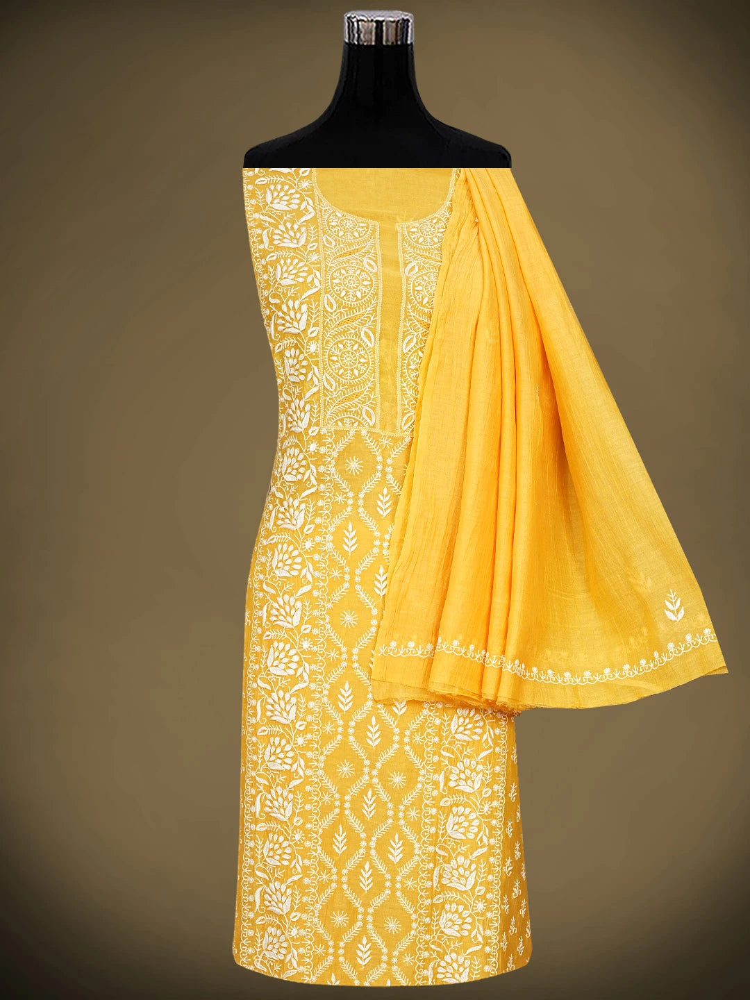 Ada Hand Embroidered Mustard Chanderi Lucknowi Chikankari Unstitched Kurta Dupatta Set 01A903851