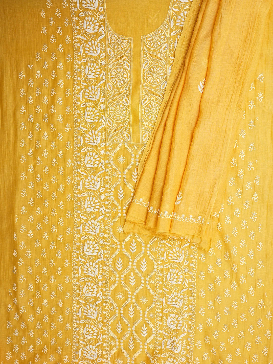 Ada Hand Embroidered Mustard Chanderi Lucknowi Chikankari Unstitched Kurta Dupatta Set 01A903851