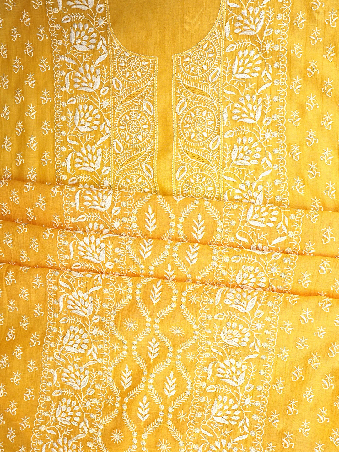 Ada Hand Embroidered Mustard Chanderi Lucknowi Chikankari Unstitched Kurta Dupatta Set 01A903851