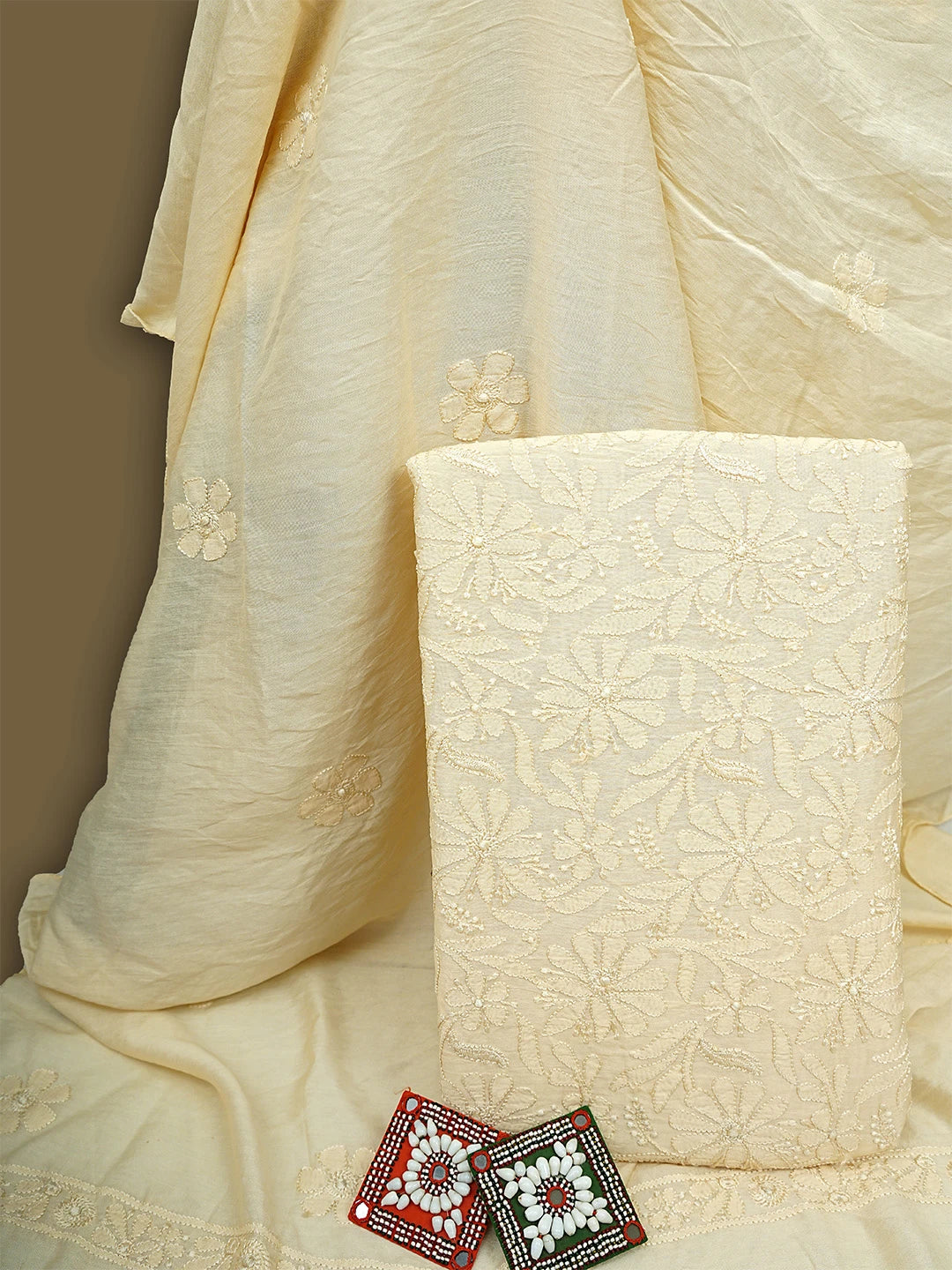 Ada Hand Embroidered Light Fawn Muslin Lucknowi Chikankari Unstitched Kurta Dupatta Set 01A663356