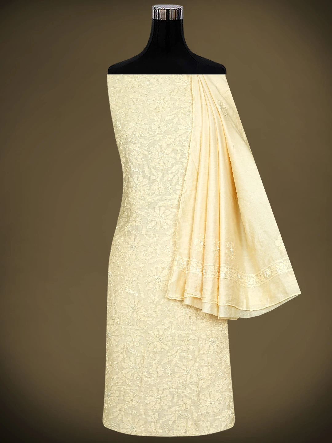 Ada Hand Embroidered Light Fawn Muslin Lucknowi Chikankari Unstitched Kurta Dupatta Set 01A663356