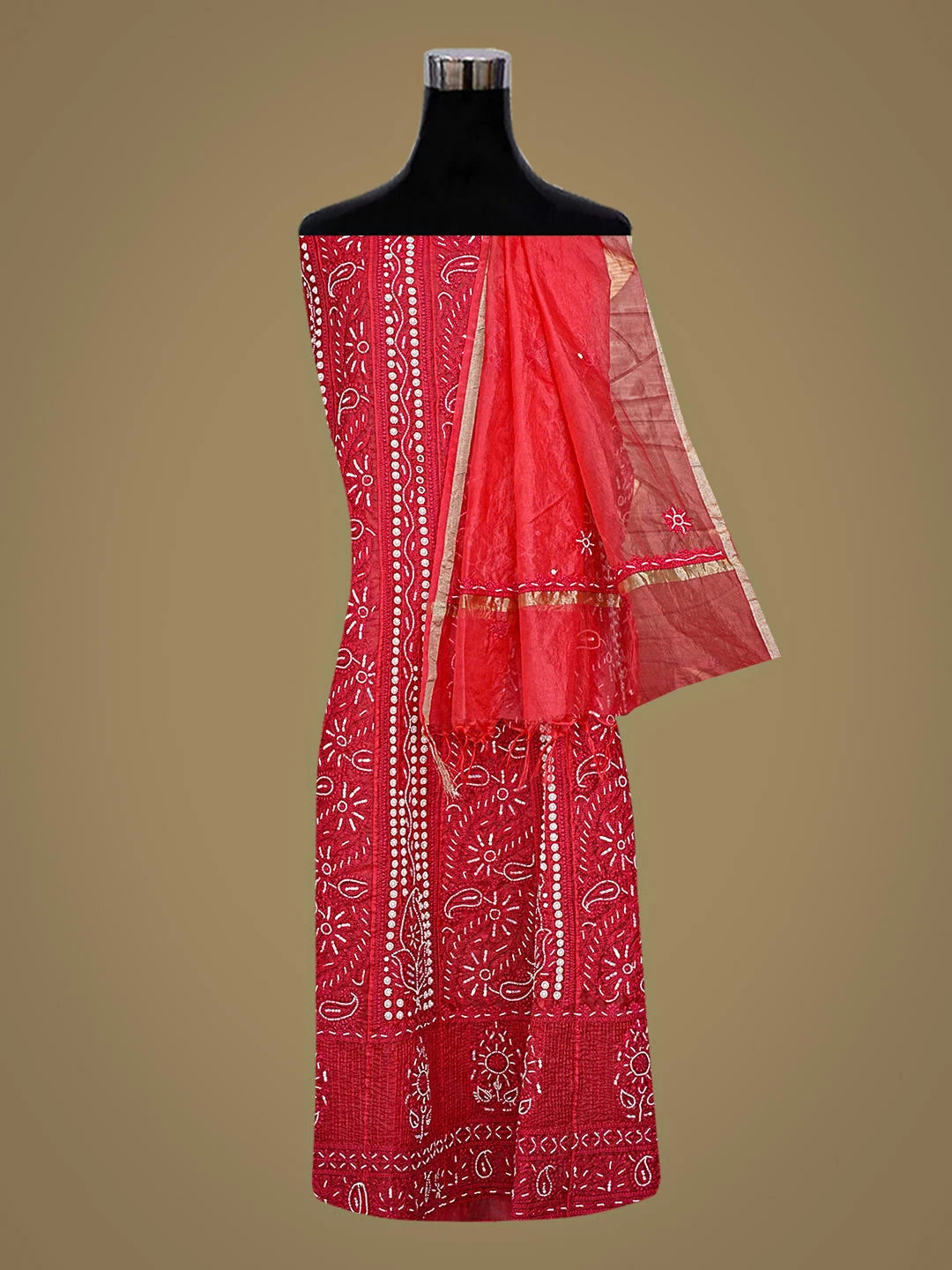 Ada Hand Embroidered Red Organza Lucknowi Chikankari Semi-Stitched Anarkali Kurta Dupatta Set With Pearl Work 01A898081