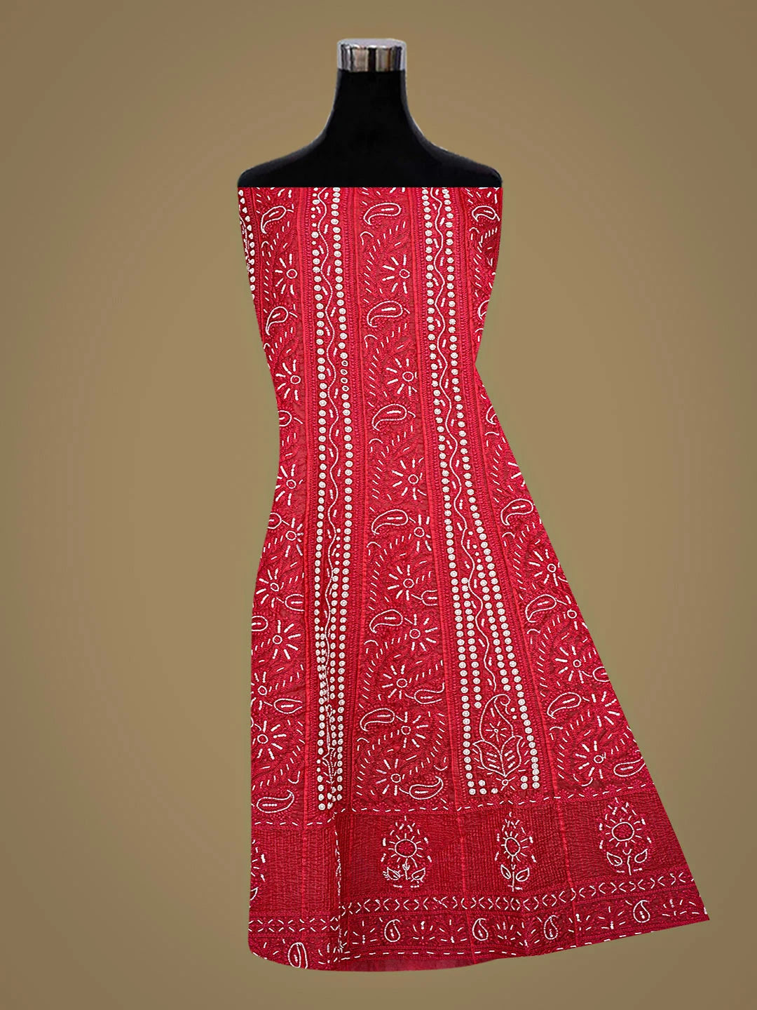 Ada Hand Embroidered Red Organza Lucknowi Chikankari Semi-Stitched Anarkali Kurta Dupatta Set With Pearl Work 01A898081
