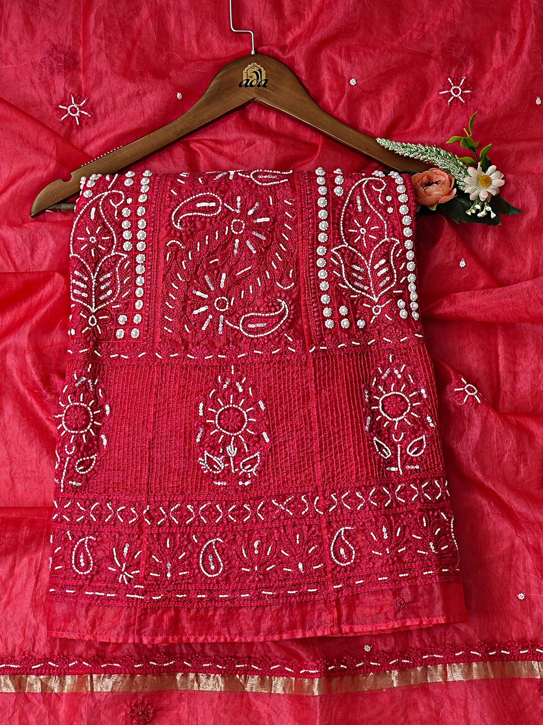 Ada Hand Embroidered Red Organza Lucknowi Chikankari Semi-Stitched Anarkali Kurta Dupatta Set With Pearl Work 01A898081