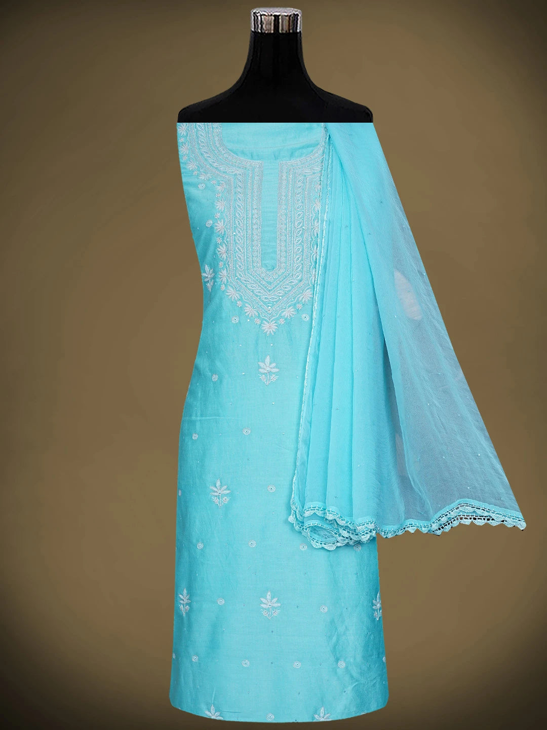 Ada Hand Embroidered Sky Blue Chanderi Lucknowi Chikankari Unstitched Suit Piece With Sequinned Work 01A805664