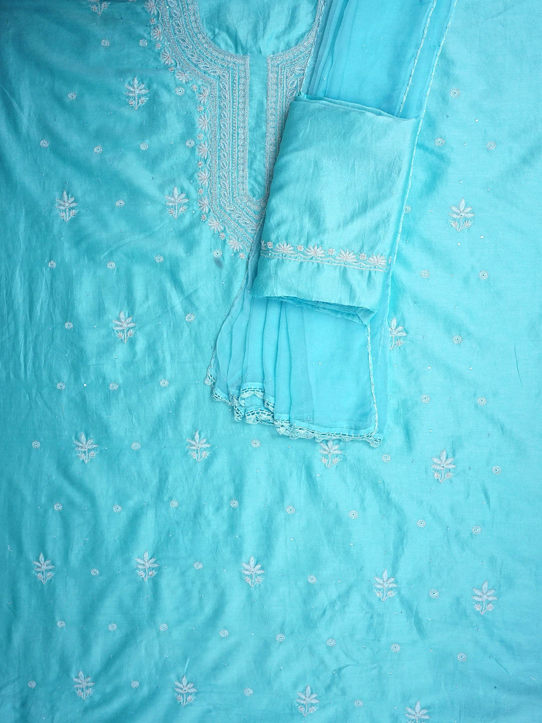 Ada Hand Embroidered Sky Blue Chanderi Lucknowi Chikankari Unstitched Suit Piece With Sequinned Work 01A805664