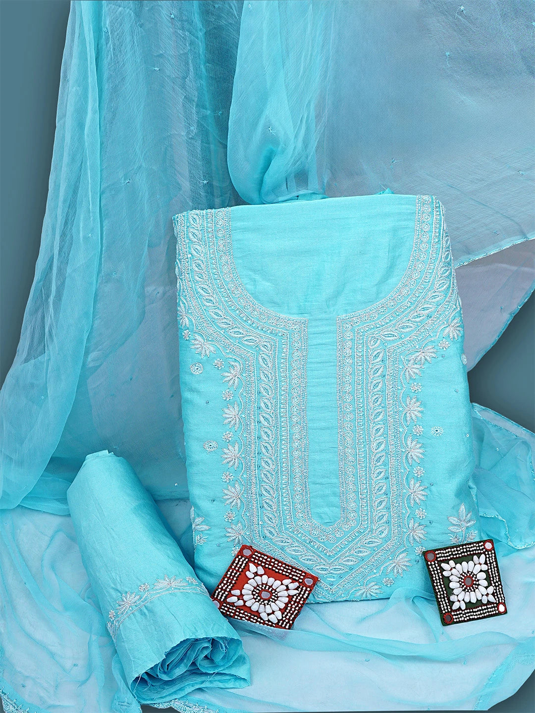 Ada Hand Embroidered Sky Blue Chanderi Lucknowi Chikankari Unstitched Suit Piece With Sequinned Work 01A805664
