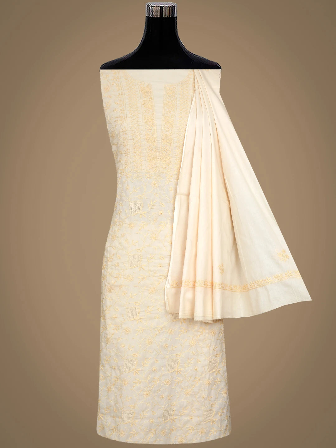 Ada Hand Embroidered Wheat Brown Cotton Lucknowi Chikankari Unstitched Kurta Dupatta Set 01A341426