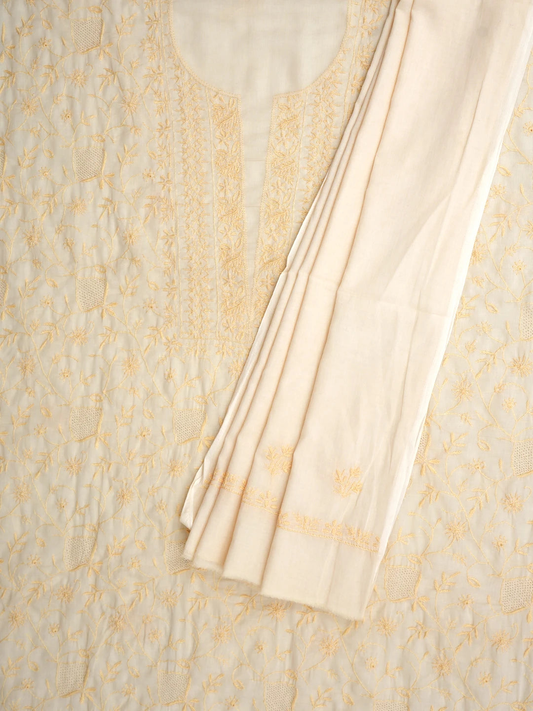 Ada Hand Embroidered Wheat Brown Cotton Lucknowi Chikankari Unstitched Kurta Dupatta Set 01A341426