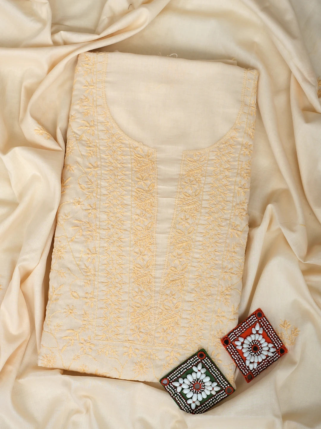 Ada Hand Embroidered Wheat Brown Cotton Lucknowi Chikankari Unstitched Kurta Dupatta Set 01A341426