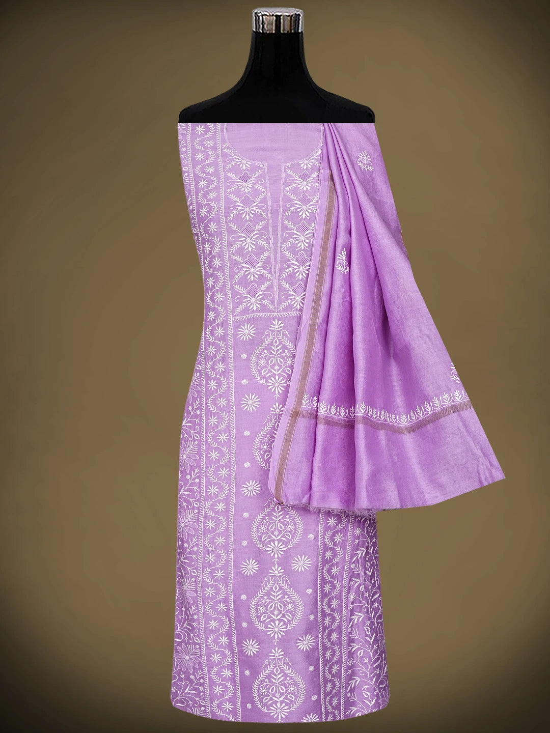 Ada Hand Embroidered Mauve Chanderi Lucknowi Chikankari Unstitched Kurta Dupatta Set 01A923343