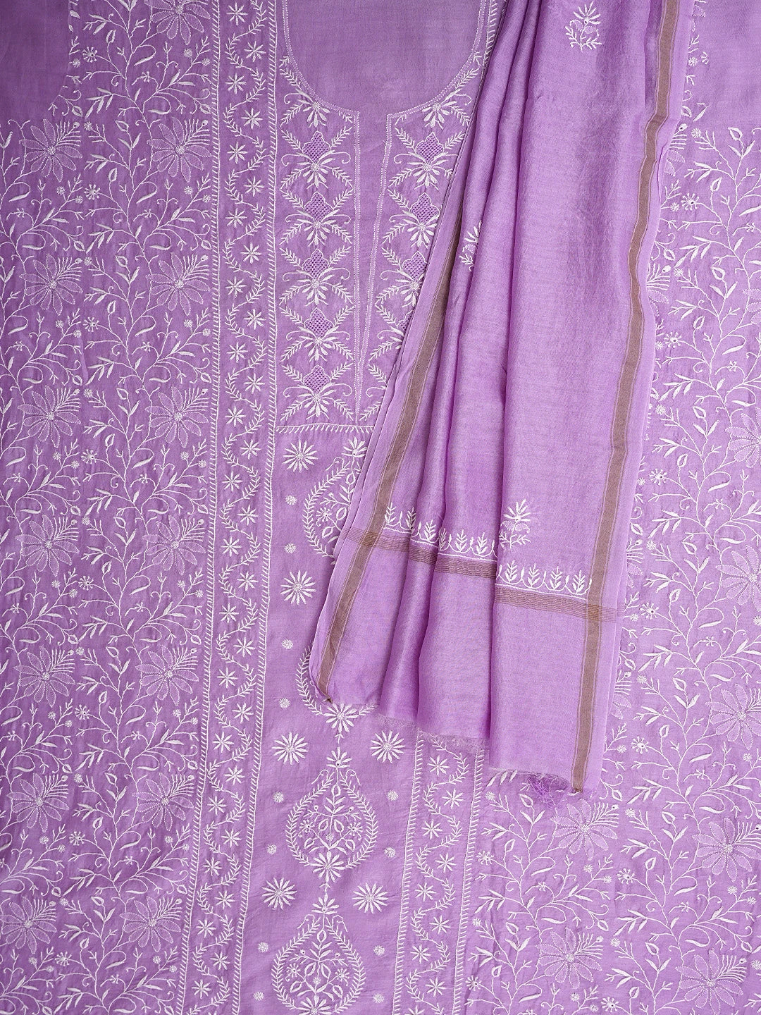 Ada Hand Embroidered Mauve Chanderi Lucknowi Chikankari Unstitched Kurta Dupatta Set 01A923343