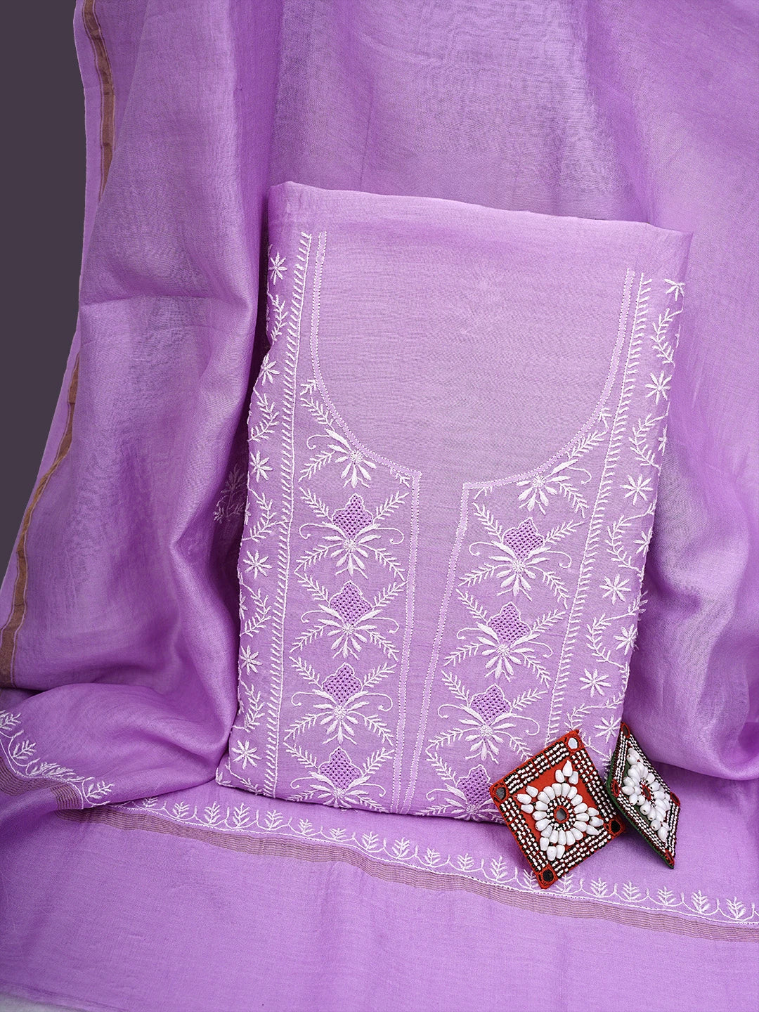 Ada Hand Embroidered Mauve Chanderi Lucknowi Chikankari Unstitched Kurta Dupatta Set 01A923343