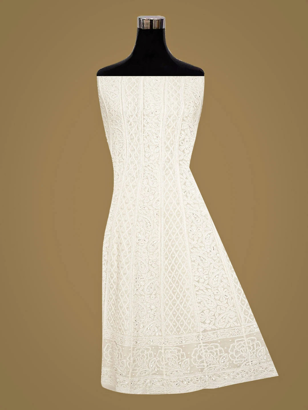 Ada Hand Embroidered White Pure Georgette Lucknowi Chikankari Semi-Stitched Anarkali Kurta Dupatta Set With Pearl Work 01A789021