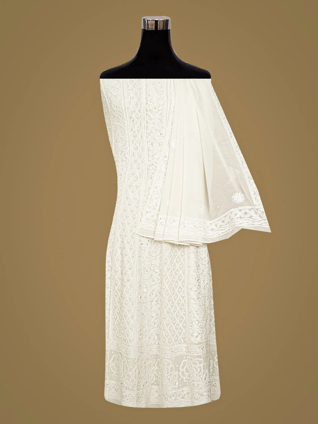 Ada Hand Embroidered White Pure Georgette Lucknowi Chikankari Semi-Stitched Anarkali Kurta Dupatta Set With Pearl Work 01A789021