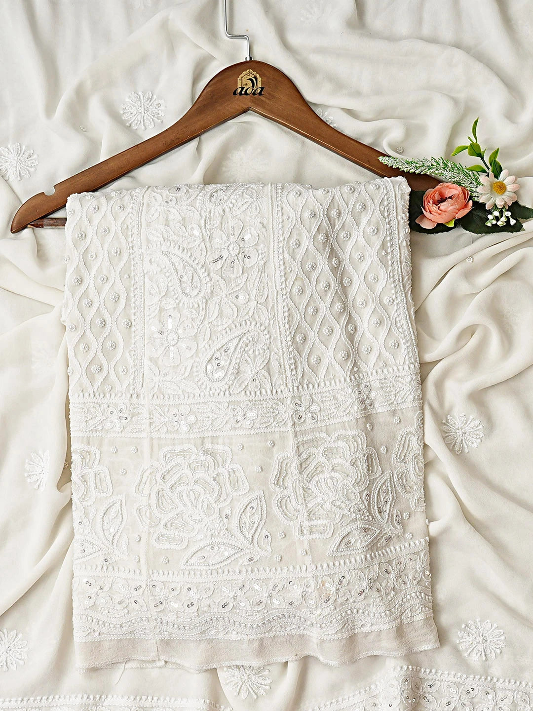 Ada Hand Embroidered White Pure Georgette Lucknowi Chikankari Semi-Stitched Anarkali Kurta Dupatta Set With Pearl Work 01A789021