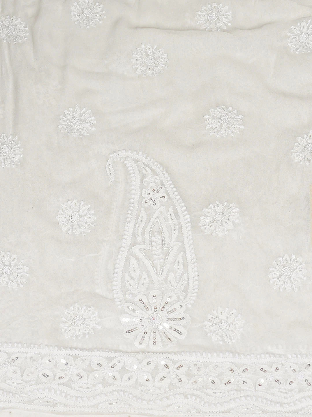 Ada Hand Embroidered White Pure Georgette Lucknowi Chikankari Semi-Stitched Anarkali Kurta Dupatta Set With Pearl Work 01A789021
