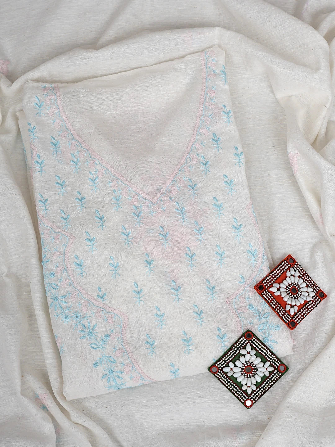 Ada Hand Embroidered White SeaShell  Khadi Chanderi Lucknowi Chikankari Semi-stitched Kurta Dupatta Set 01A896612