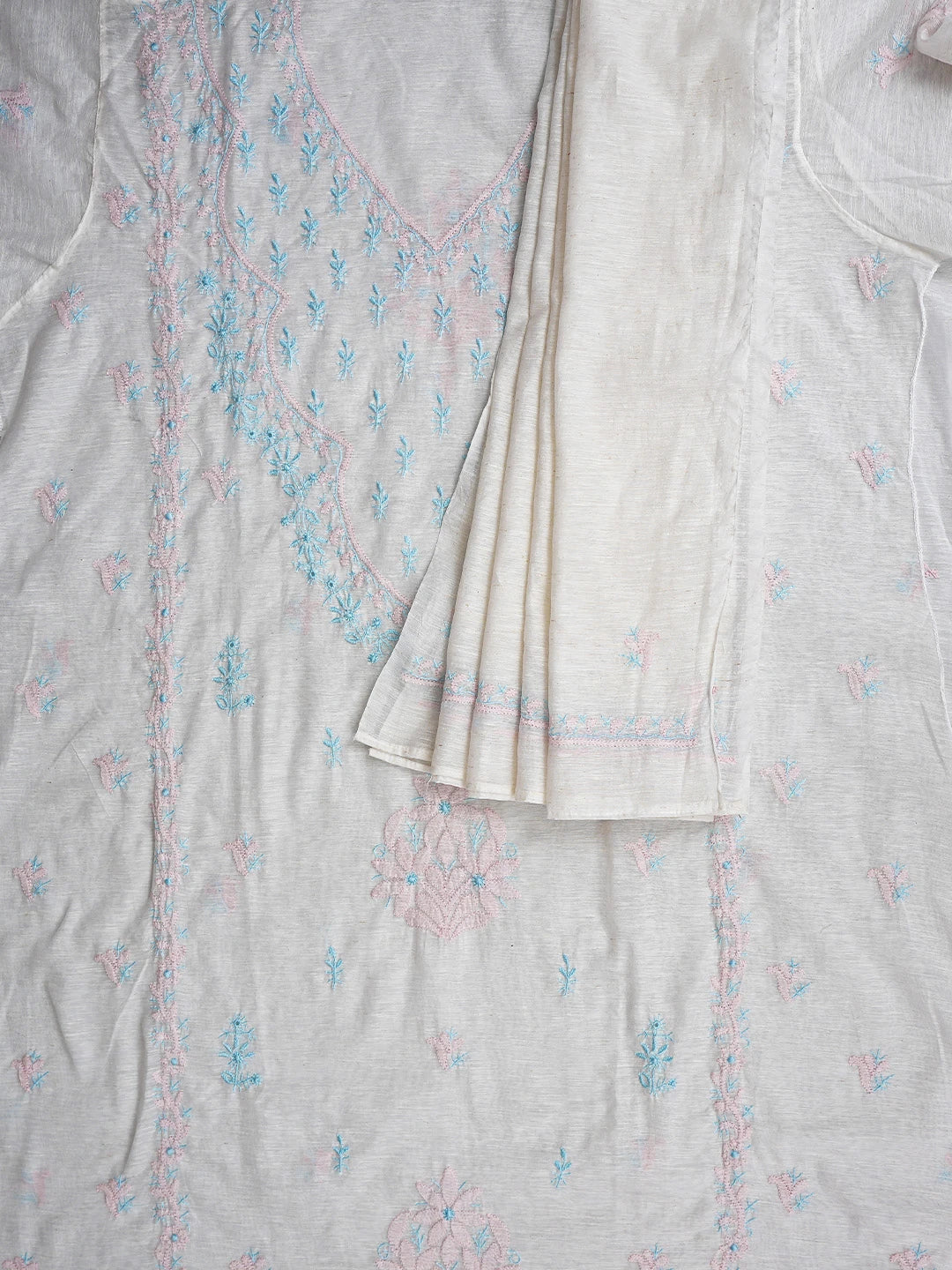 Ada Hand Embroidered White SeaShell  Khadi Chanderi Lucknowi Chikankari Semi-stitched Kurta Dupatta Set 01A896612